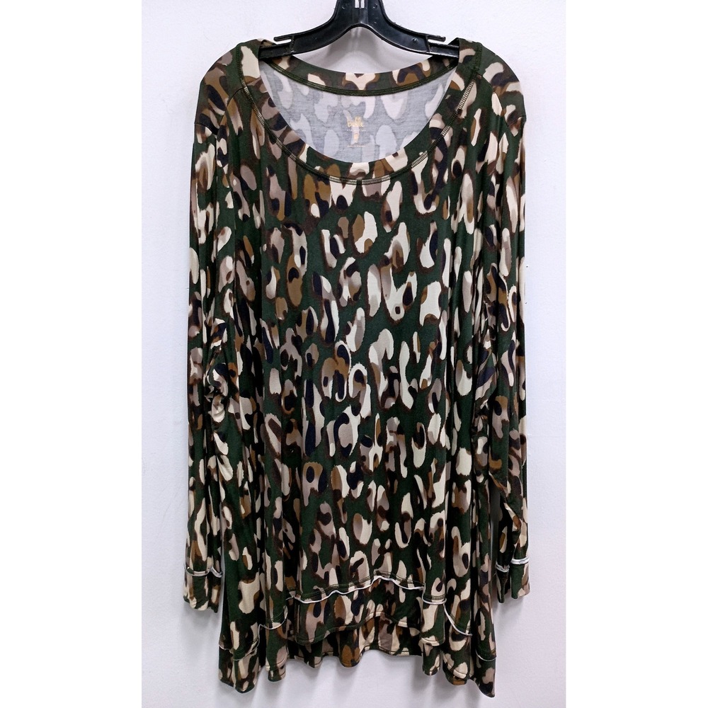 Belle by Kim Gravel Tunic Top Womens 4X Green Animal Print Long Sleeve Casual